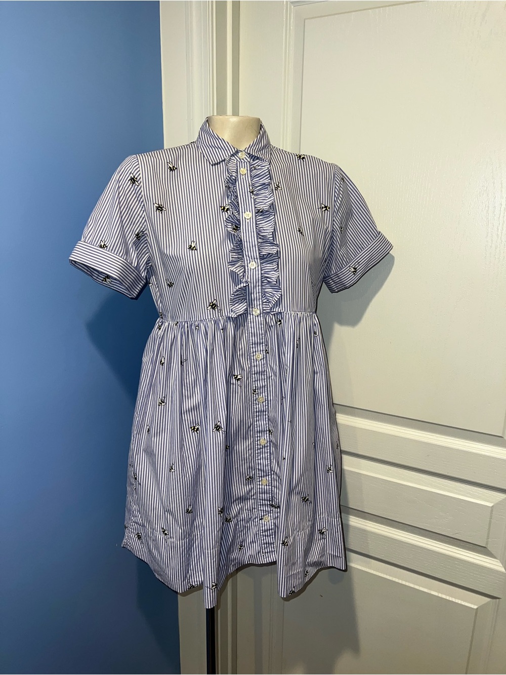 Kate Spade 100% cotton Striped Ruffle-Front Dress with pockets & Bee pattern XS